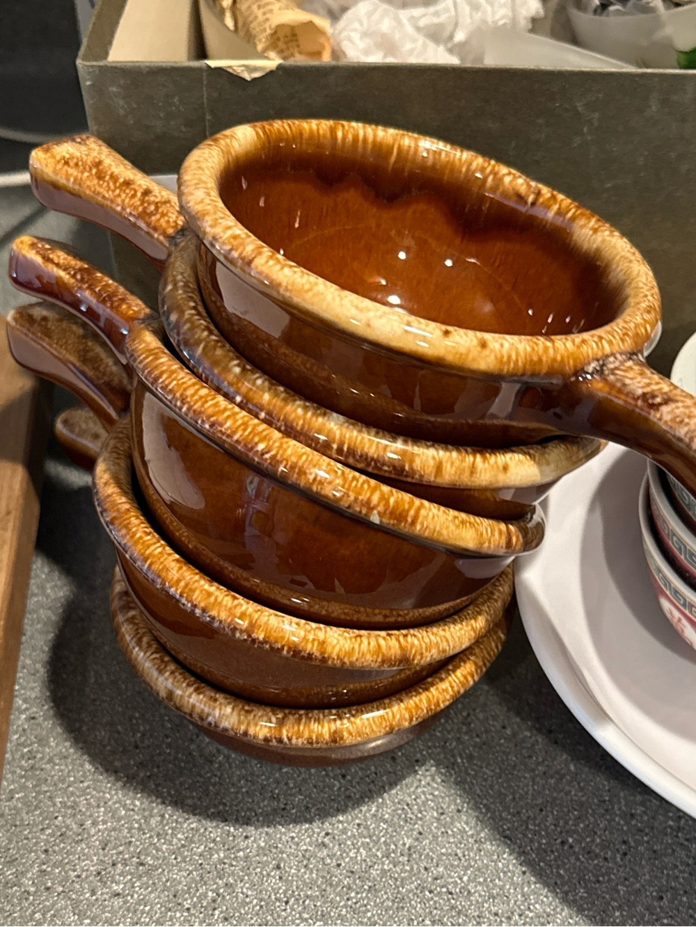 Stack of Brown Glazed Ceramic Soup Bowls (5) with Handles